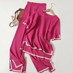 Color Contrast Split Short-sleeved Knitwear High-waisted Slimming Wide-leg Trousers Long Pants