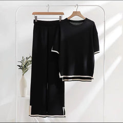 Color Contrast Split Short-sleeved Knitwear High-waisted Slimming Wide-leg Trousers Long Pants