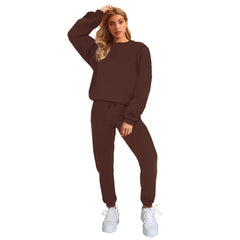 Women's Solid Color Round Neck Pullover Sweatshirt Pants Set