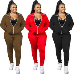 Solid Color Zipper Pocket Long Sleeve Sports Two-piece Sweatsuit