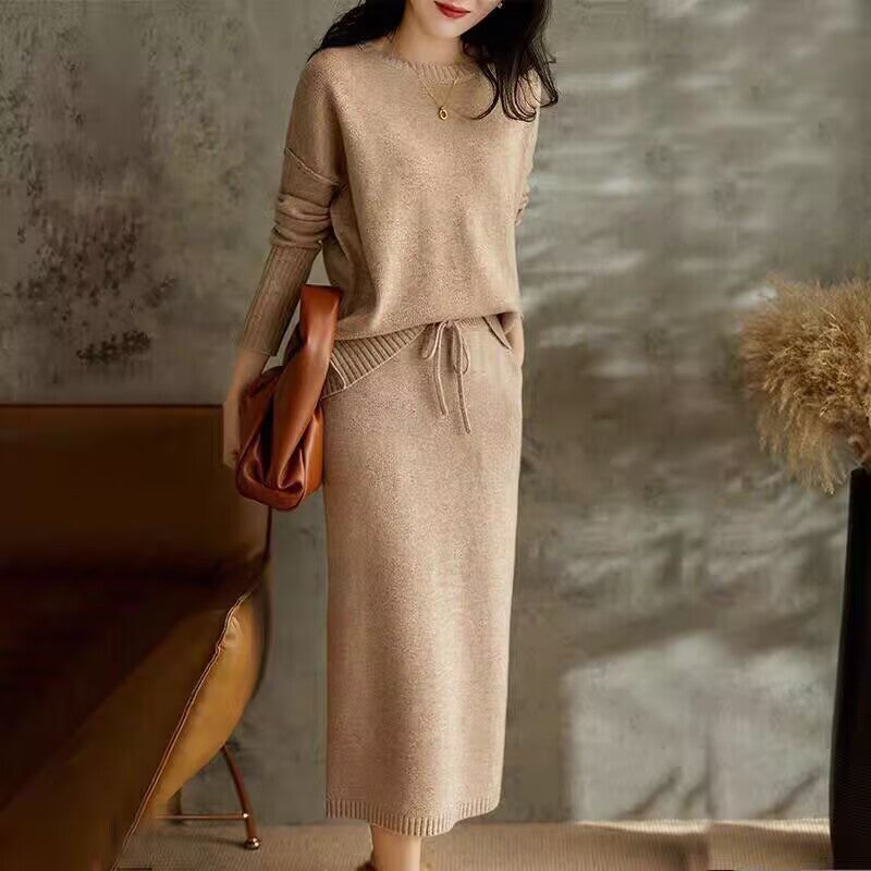 Drawstring High Waist Pure Color Wool Knitted Dress Two-piece Set