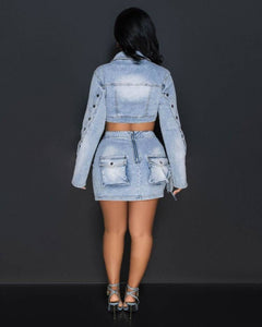Denim Wash Button Zipper Lace-up Irregular Slit Skirt Suit