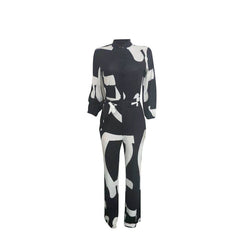 Women's Clothing Elegant Cardigan Stitching Printed Jumpsuit