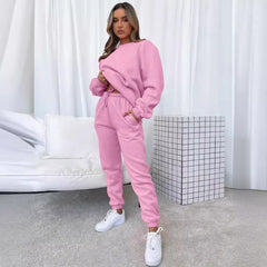 Women's Solid Color Round Neck Pullover Sweatshirt Pants Set