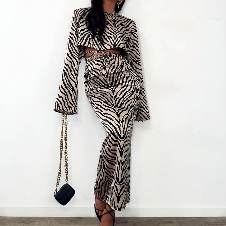 Zebra Striped Long Sleeves Cropped Top Suit Skirt Two-piece Set