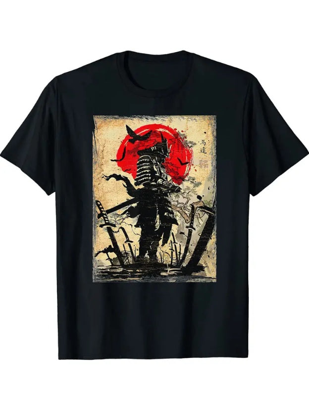 Japanese Samurai Print, Men's Street Short Sleeved Round Neck T-shirt, Summer Outdoor