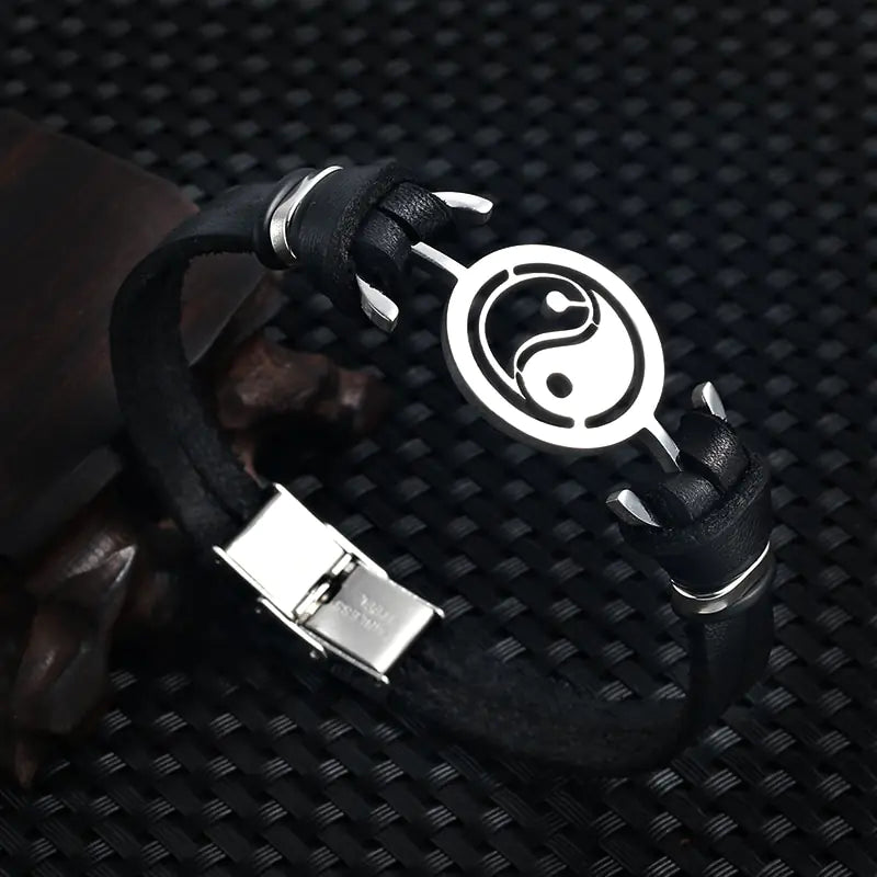 Fashion Jewelry Stainless Steel Tai Chi Yin Yang Fish Leather Bracelet