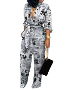 Women's Clothing Elegant Cardigan Stitching Printed Jumpsuit