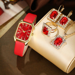 Leather Women's Watch Square Quartz Watch Korean Necklace Earrings Ring Set