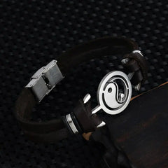 Fashion Jewelry Stainless Steel Tai Chi Yin Yang Fish Leather Bracelet