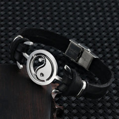 Fashion Jewelry Stainless Steel Tai Chi Yin Yang Fish Leather Bracelet