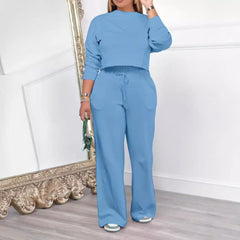 Women's Long-sleeved Round Neck Sweater Elastic Waist Pants Casual Fashion Two-piece Suit