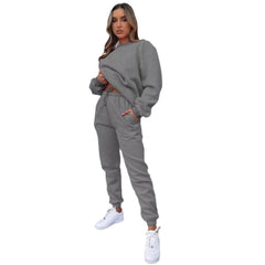 Women's Solid Color Round Neck Pullover Sweatshirt Pants Set