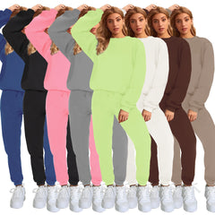 Women's Solid Color Round Neck Pullover Sweatshirt Pants Set